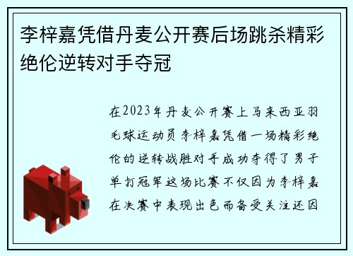 李梓嘉凭借丹麦公开赛后场跳杀精彩绝伦逆转对手夺冠