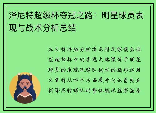 泽尼特超级杯夺冠之路:明星球员表现与战术分析总结 泽尼特超级杯夺冠之路:明星球员表现与战术分析总结