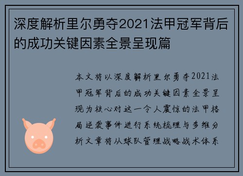 深度解析里尔勇夺2021法甲冠军背后的成功关键因素全景呈现篇