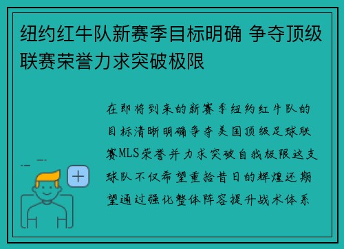 纽约红牛队新赛季目标明确 争夺顶级联赛荣誉力求突破极限